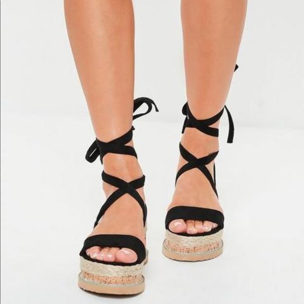 Black Faux Suede Lace Up Flatform Sandals